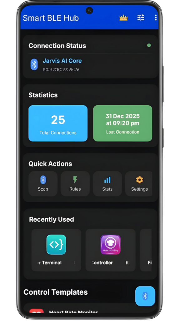 Smart BLE Hub Dashboard - Connection status, statistics, and quick actions